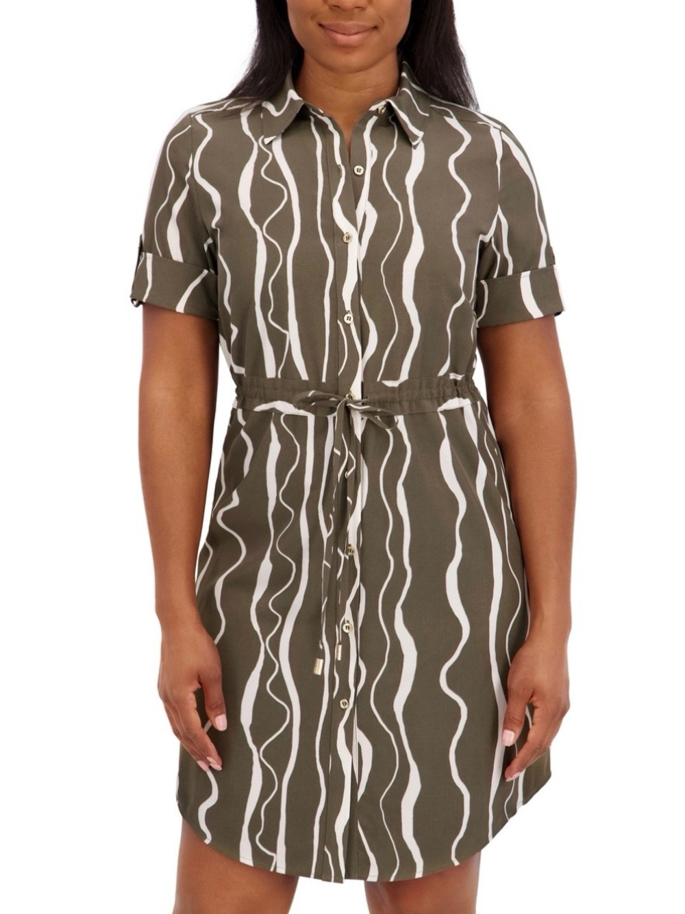 NEW Women’s Halston Heritage Olive Green and White Midi Shirt Dress Small